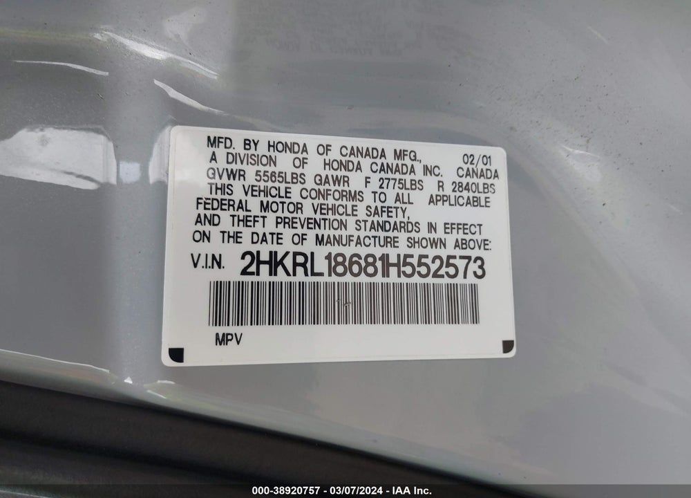 2001 HONDA ODYSSEY EX VIN: 2HKRL18681H552573
