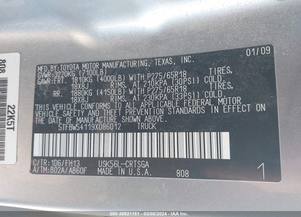 2009 TOYOTA TUNDRA SR5 5.7L V8 VIN: 5TFBW54119X086012