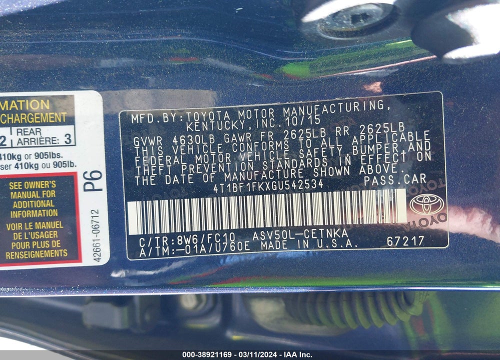 2016 TOYOTA CAMRY LE VIN: 4T1BF1FKXGU542534
