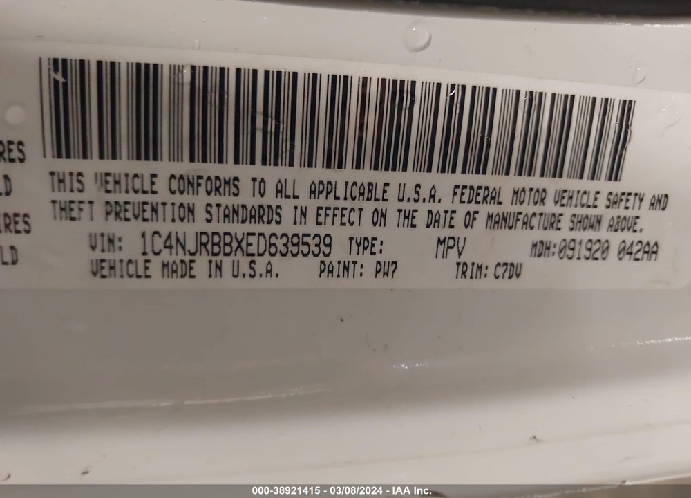 2014 JEEP PATRIOT VIN: 1C4NJRBBXED639539