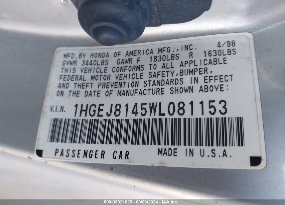1998 HONDA CIVIC EX VIN: 1HGEJ8145WL081153
