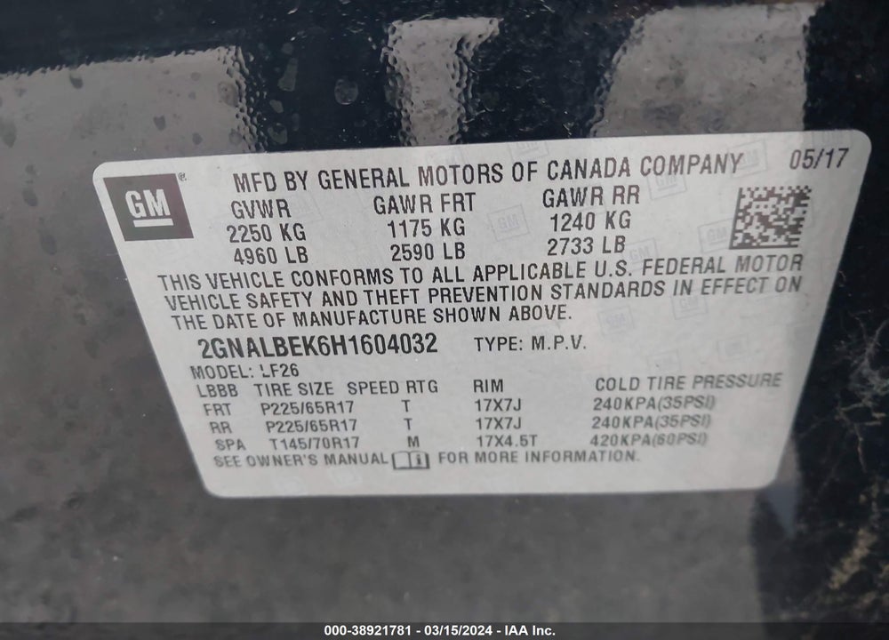 2017 CHEVROLET EQUINOX LS VIN: 2GNALBEK6H1604032