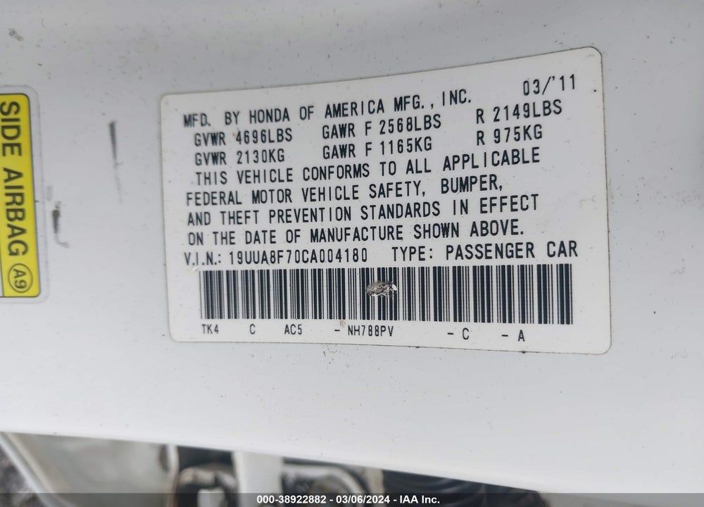 2012 ACURA TL 3.5 VIN: 19UUA8F70CA004180