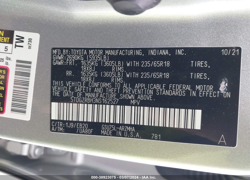 2022 TOYOTA HIGHLANDER XLE VIN: 5TDGZRBH3NS162527