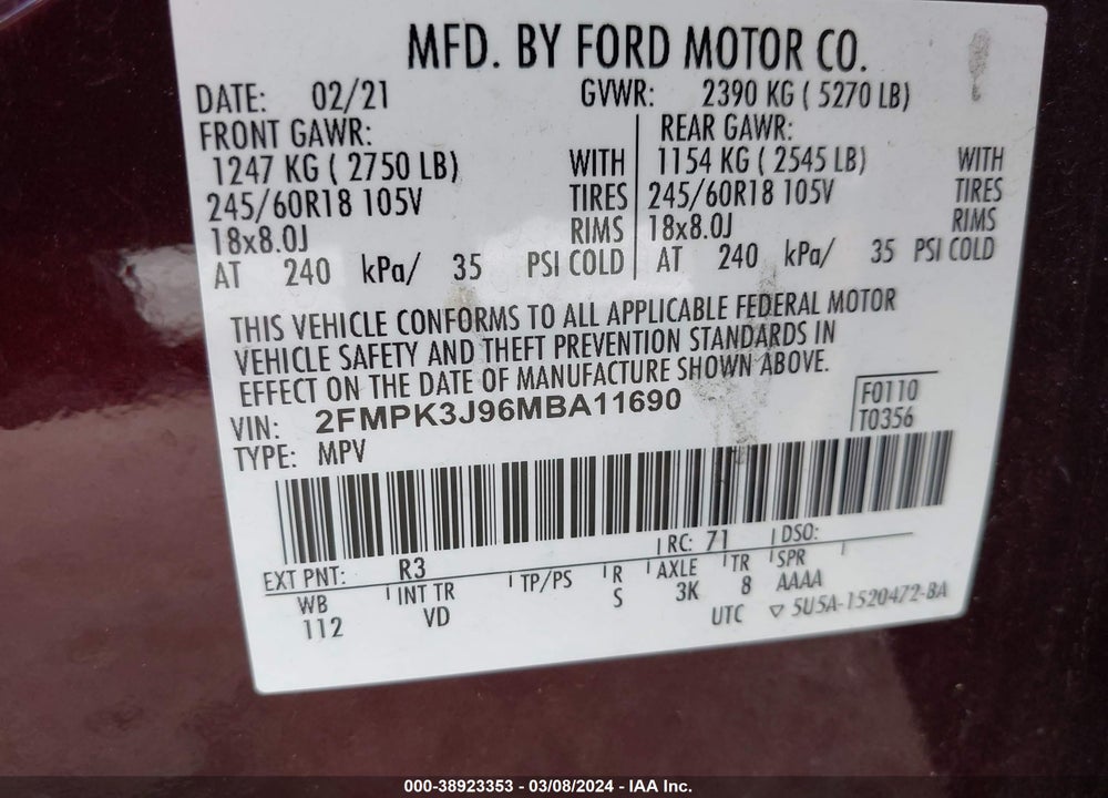 2021 FORD EDGE SEL VIN: 2FMPK3J96MBA11690