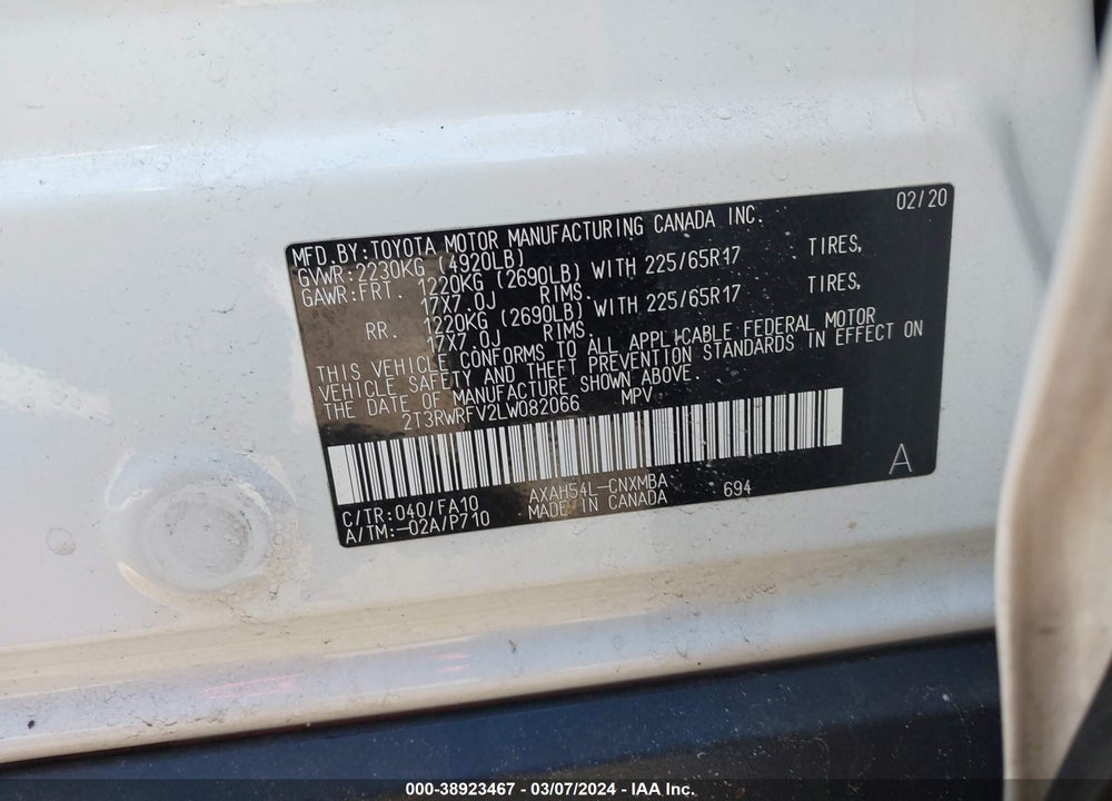 2020 TOYOTA RAV4 XLE HYBRID VIN: 2T3RWRFV2LW082066