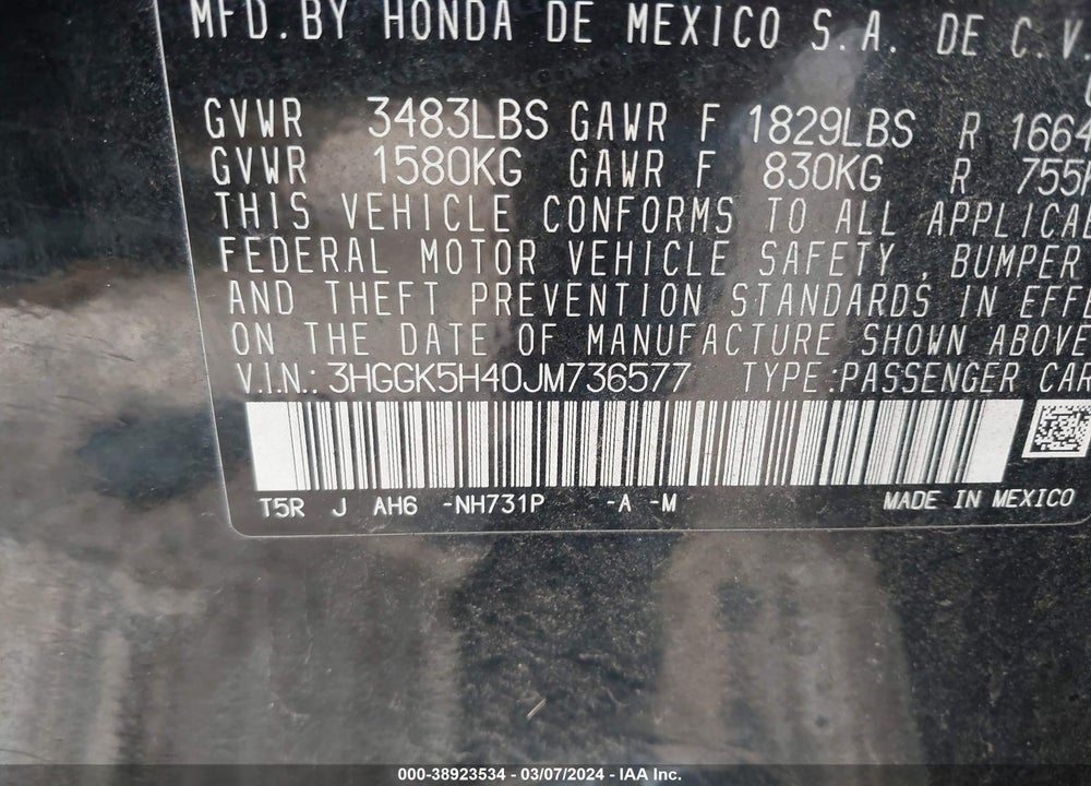 2018 HONDA FIT LX VIN: 3HGGK5H40JM736577