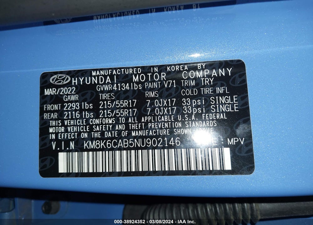 2022 HYUNDAI KONA SEL VIN: KM8K6CAB5NU902146