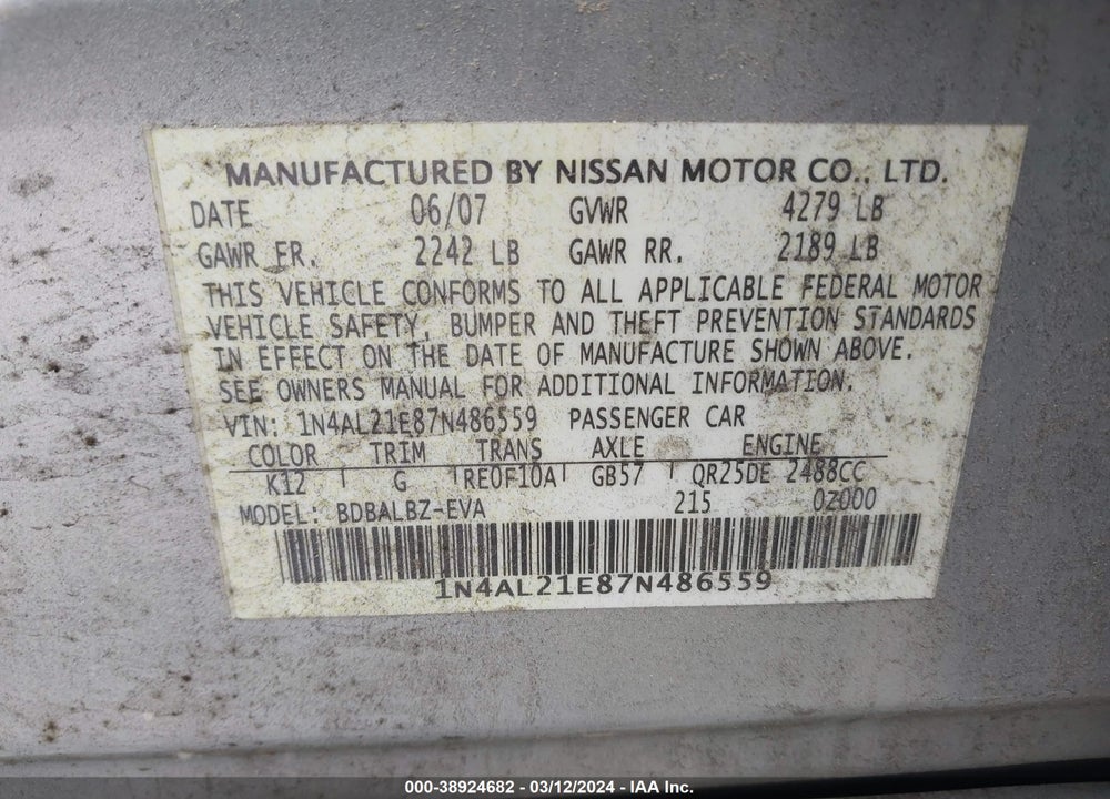 2007 NISSAN ALTIMA 2.5 S VIN: 1N4AL21E87N486559