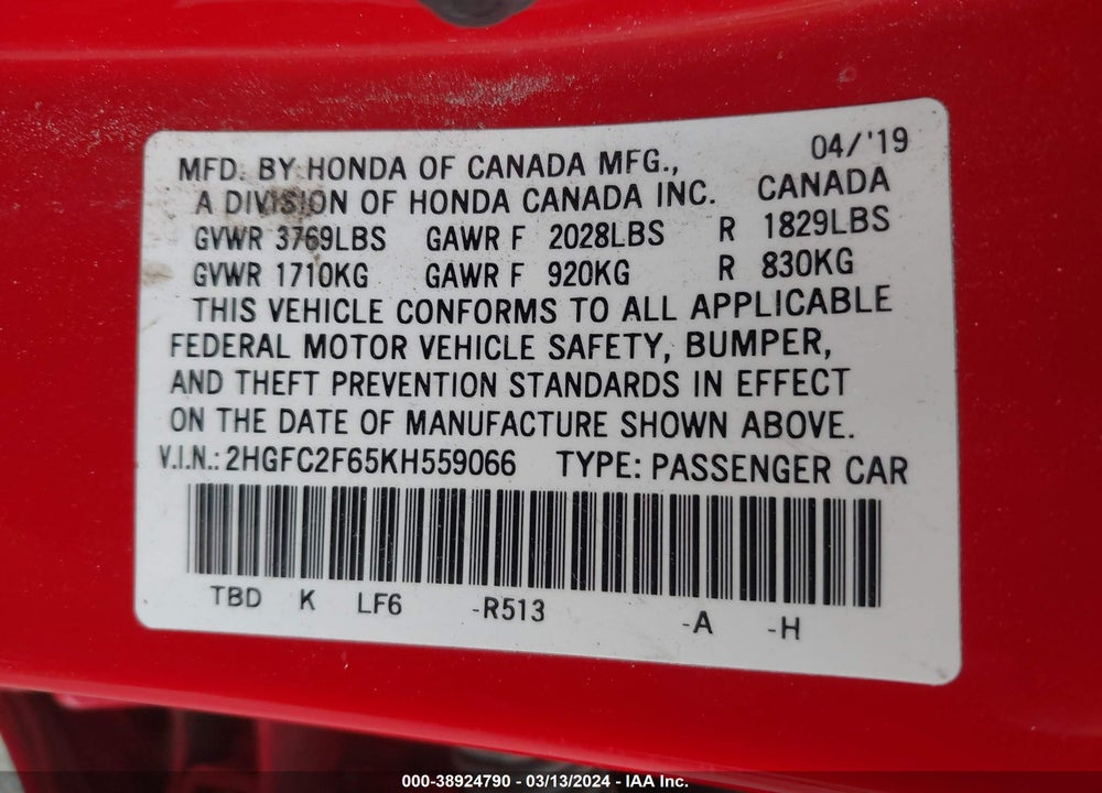 2019 HONDA CIVIC LX VIN: 2HGFC2F65KH559066