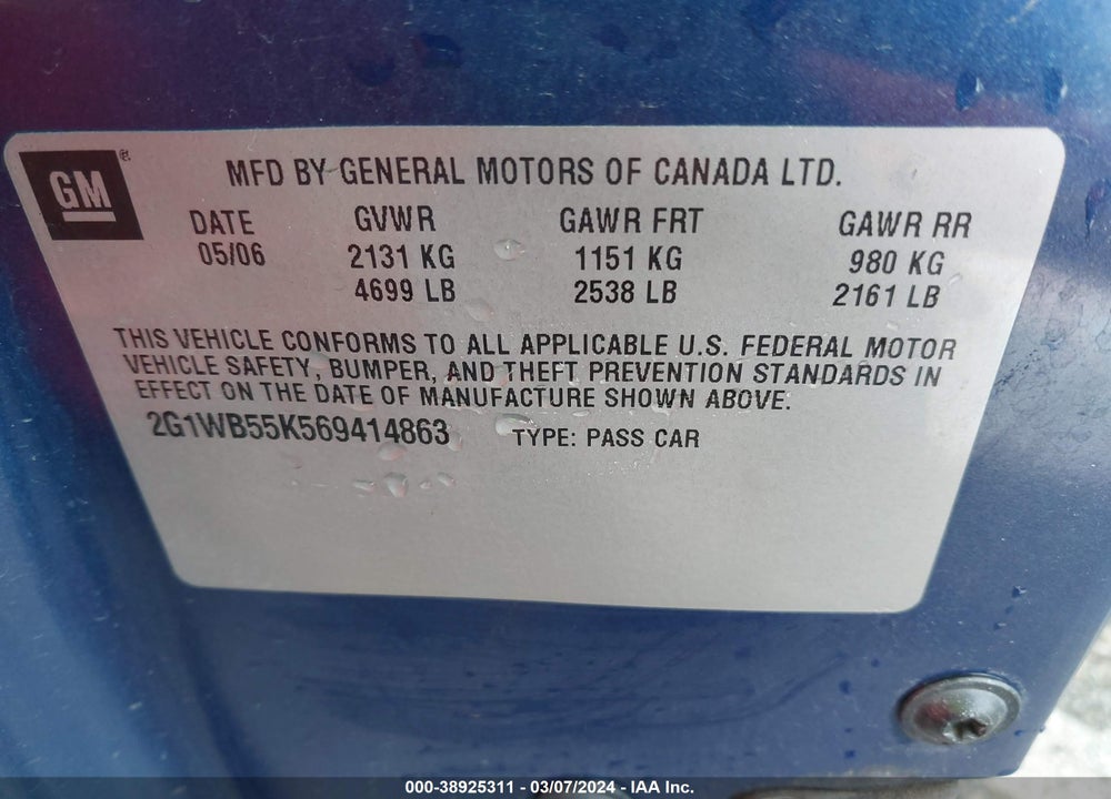 2006 CHEVROLET IMPALA LS VIN: 2G1WB55K569414863