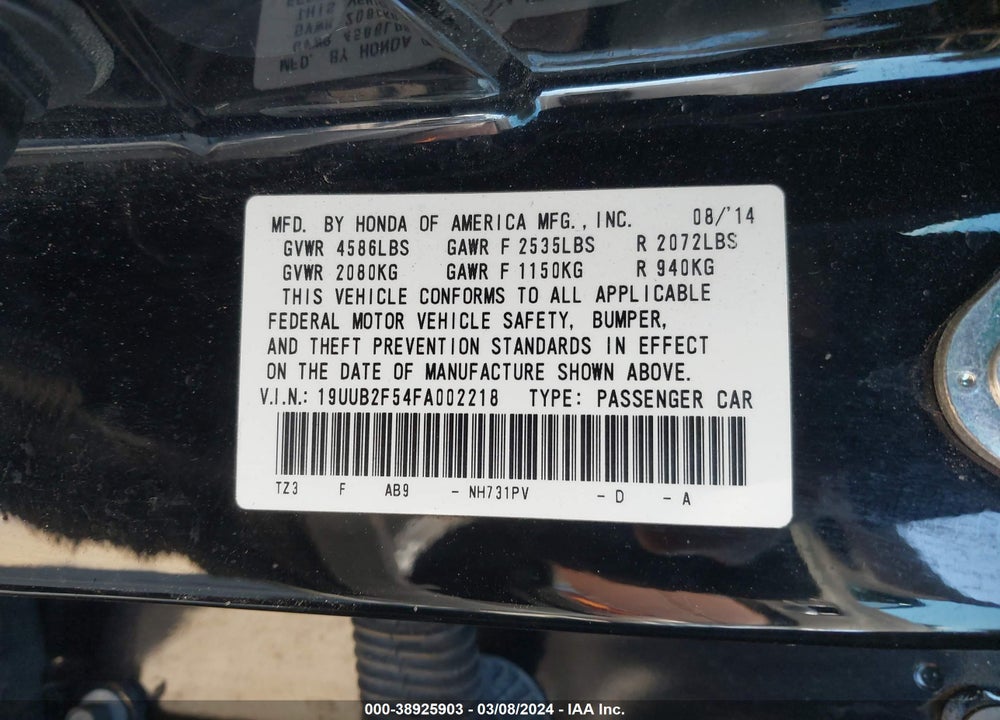 2015 ACURA TLX V6 TECH VIN: 19UUB2F54FA002218