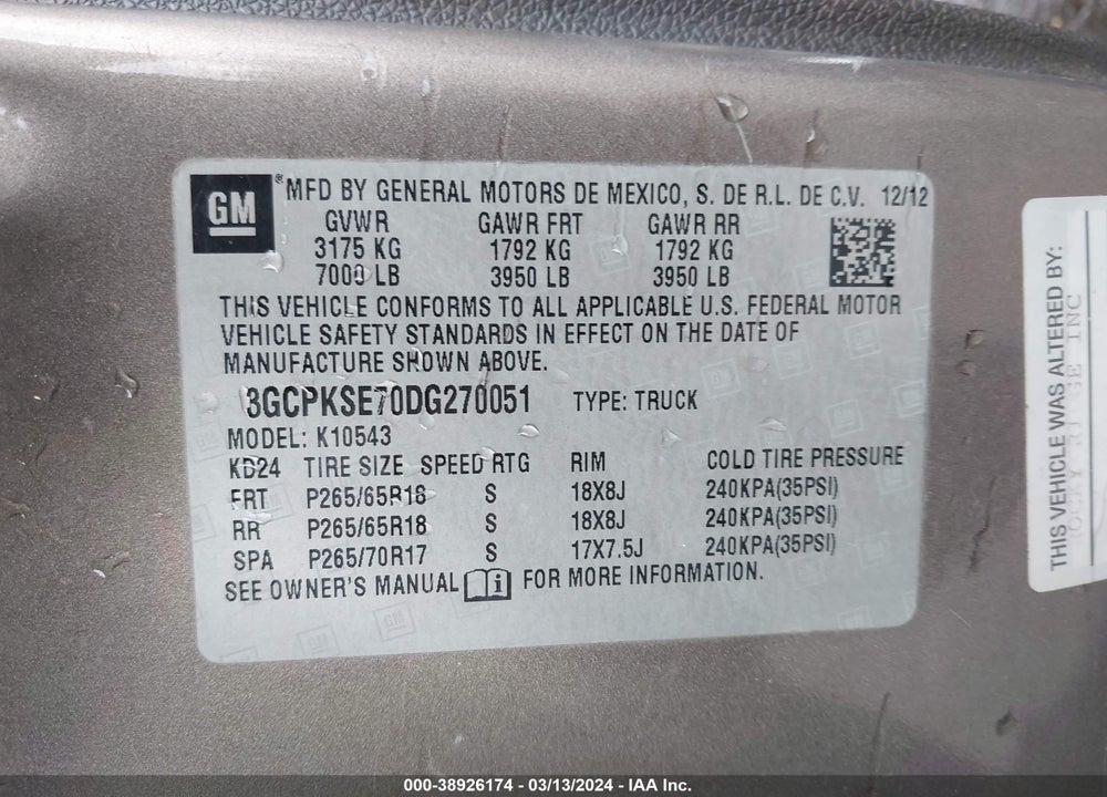 2013 CHEVROLET SILVERADO 1500 LT VIN: 3GCPKSE70DG270051