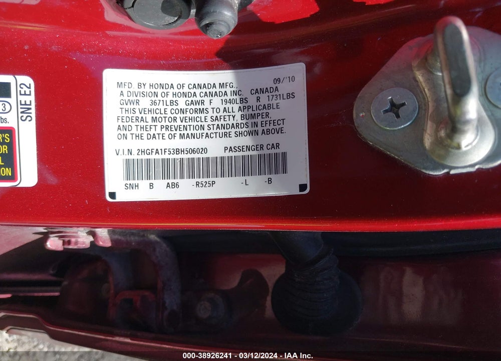 2011 HONDA CIVIC LX VIN: 2HGFA1F53BH506020