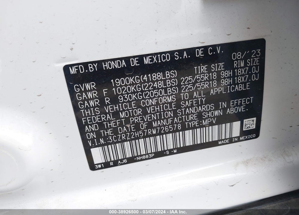 2024 HONDA HR-V AWD SPORT/AWD SPORT W/O BSI VIN: 3CZRZ2H57RM726578
