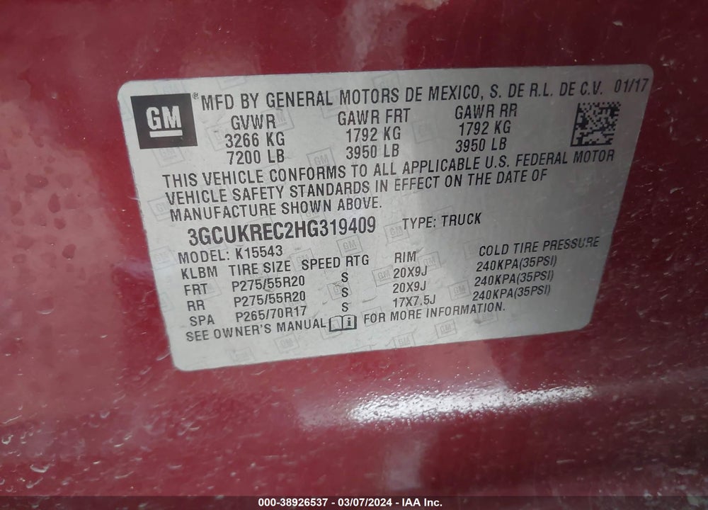 2017 CHEVROLET SILVERADO 1500 2LT VIN: 3GCUKREC2HG319409