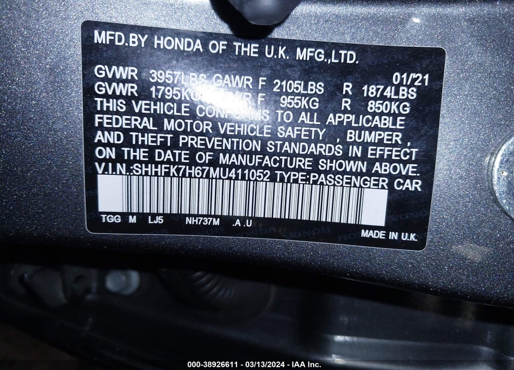 2021 HONDA CIVIC EX VIN: SHHFK7H67MU411052