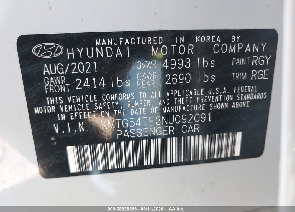 2022 GENESIS G70 3.3T AWD VIN: KMTG54TE3NU092091