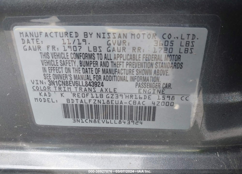 2020 NISSAN VERSA SV XTRONIC CVT VIN: 3N1CN8EV6LL843924