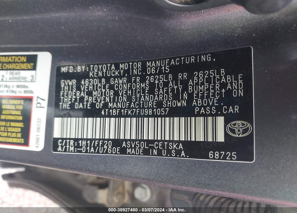 2015 TOYOTA CAMRY SE VIN: 4T1BF1FK7FU981057