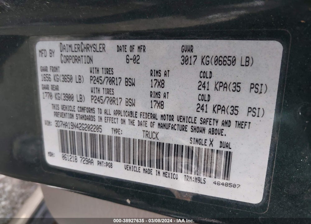2002 DODGE RAM 1500 ST VIN: 3D7HA18N42G202205