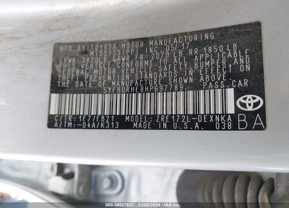 2017 TOYOTA COROLLA LE VIN: 5YFBURHE8HP697789