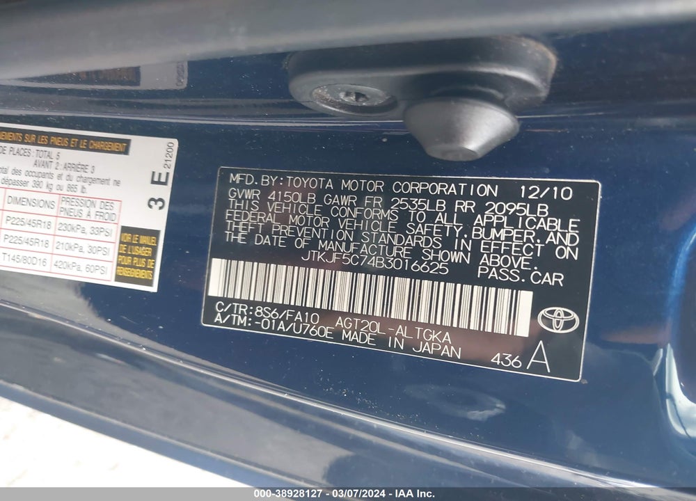 2011 TOYOTA SCION TC VIN: JTKJF5C74B3016625