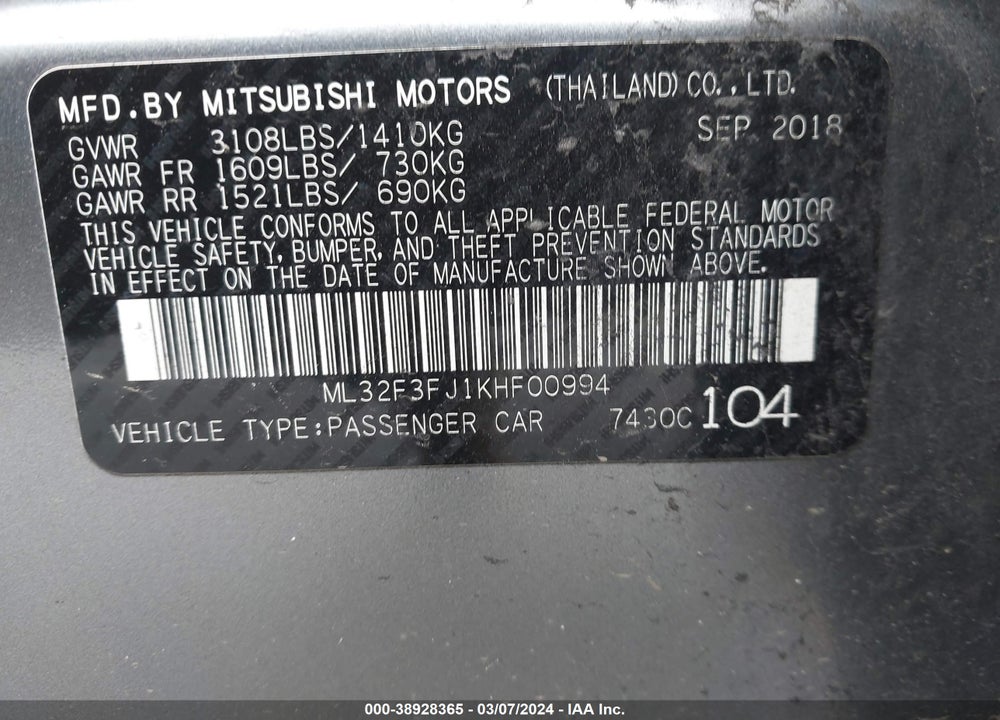 2019 MITSUBISHI MIRAGE G4 ES VIN: ML32F3FJ1KHF00994