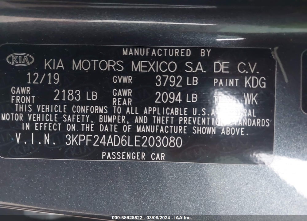 2020 KIA FORTE LXS VIN: 3KPF24AD6LE203080