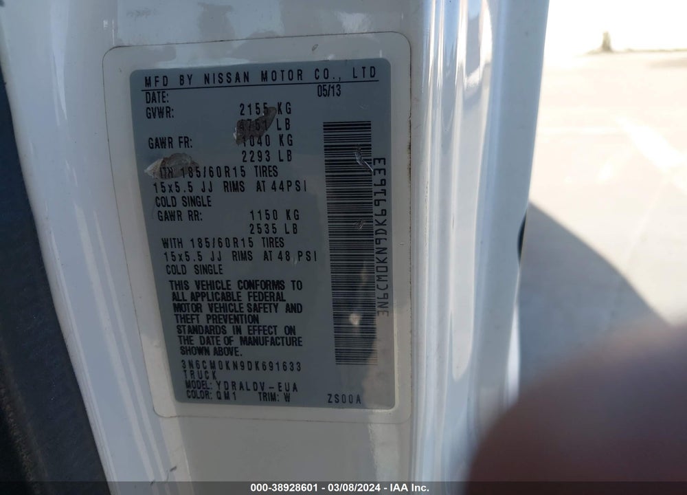 2013 NISSAN NV200 S VIN: 3N6CM0KN9DK691633