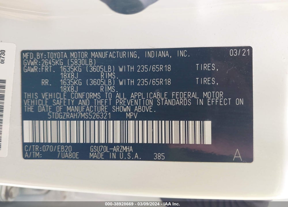 2021 TOYOTA HIGHLANDER XLE VIN: 5TDGZRAH7MS526321