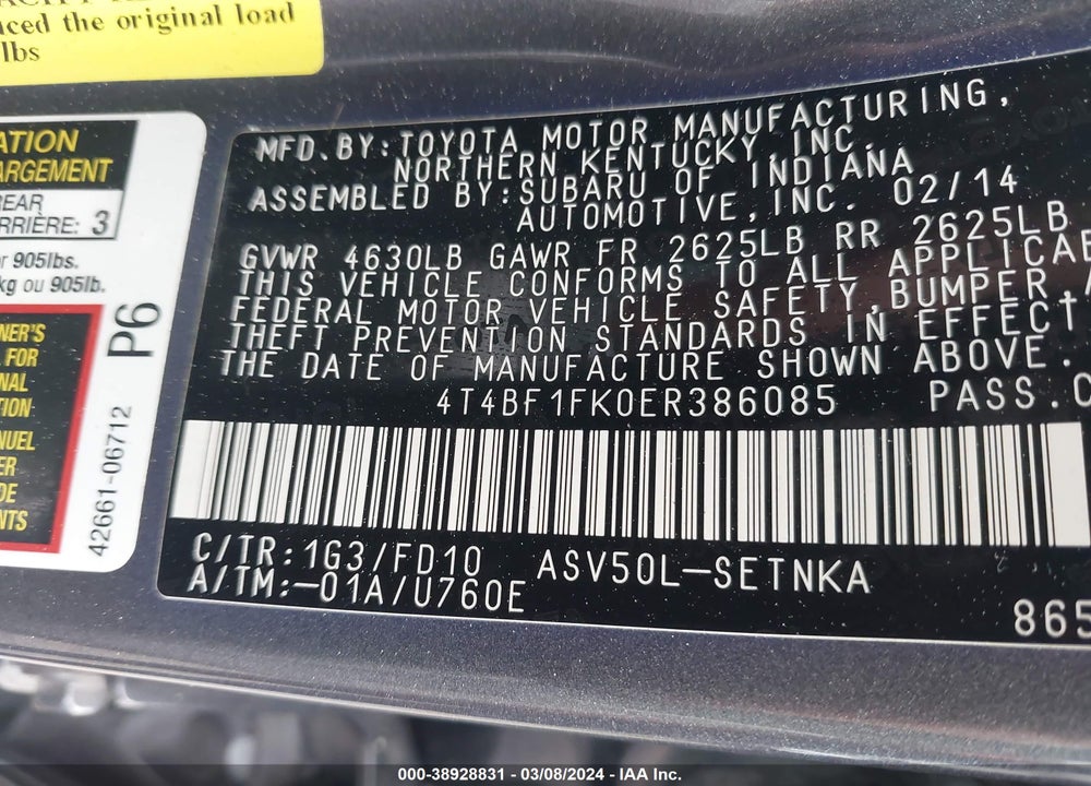 2014 TOYOTA CAMRY LE VIN: 4T4BF1FK0ER386085