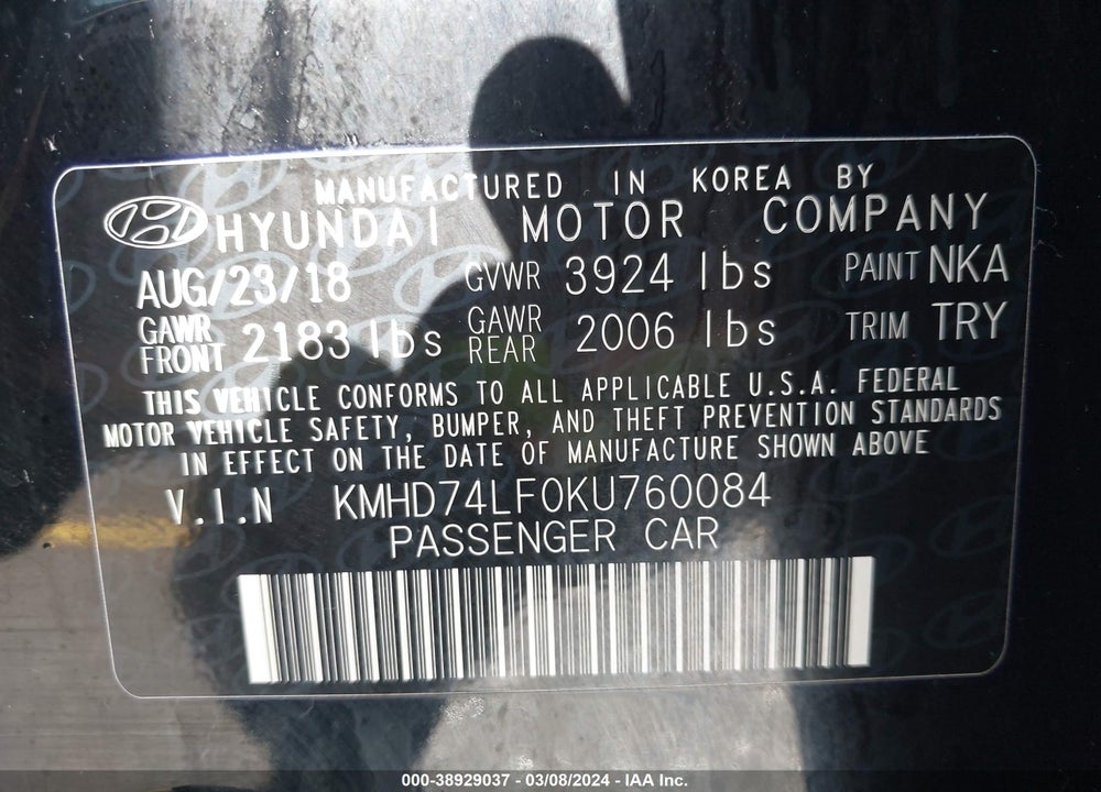 2019 HYUNDAI ELANTRA SE VIN: KMHD74LF0KU760084