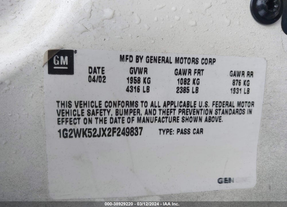 2002 PONTIAC GRAND PRIX SE VIN: 1G2WK52JX2F249837