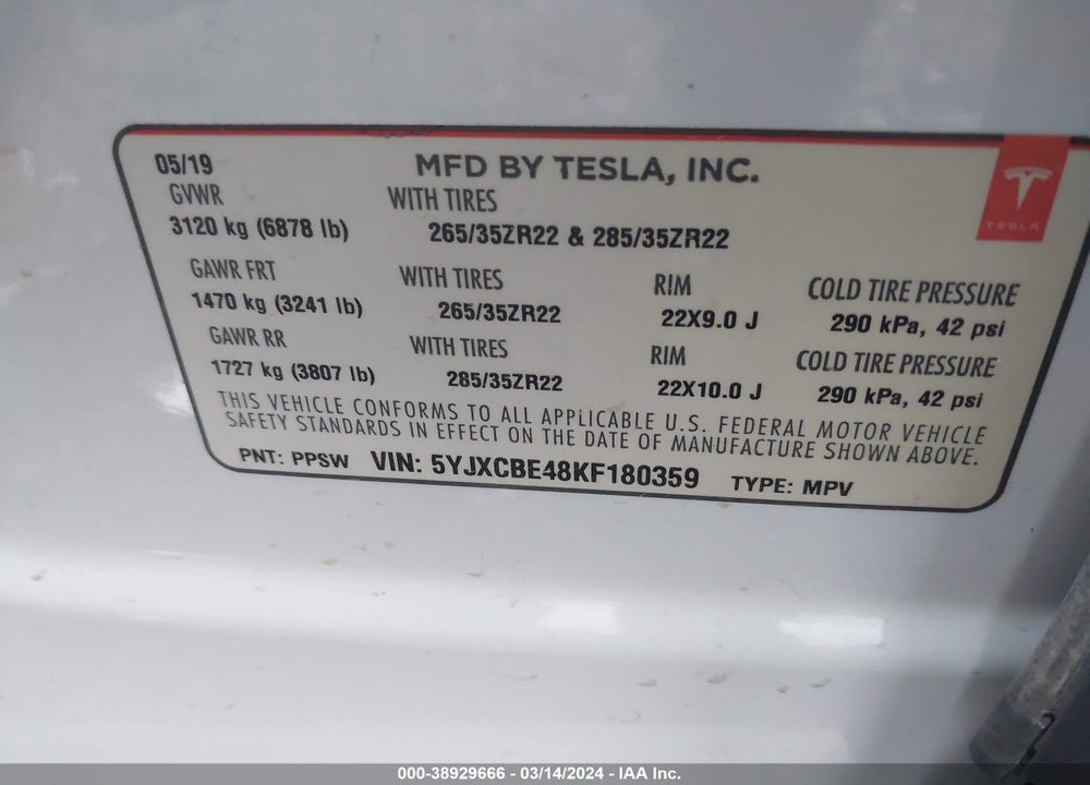 2019 TESLA MODEL X P100D/PERFORMANCE VIN: 5YJXCBE48KF180359