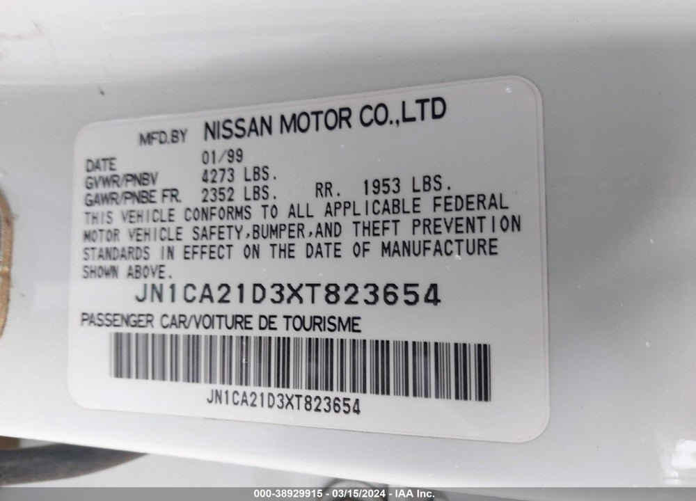 1999 NISSAN MAXIMA GLE/GXE/SE/SE-L VIN: JN1CA21D3XT823654
