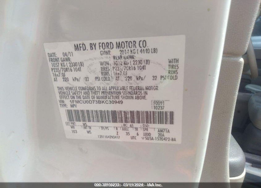 2011 FORD ESCAPE XLT VIN: 1FMCU0D73BKC30949