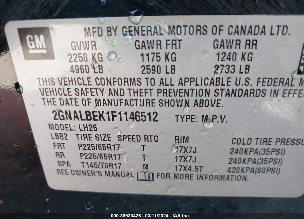 2015 CHEVROLET EQUINOX 1LT VIN: 2GNALBEK1F1146512