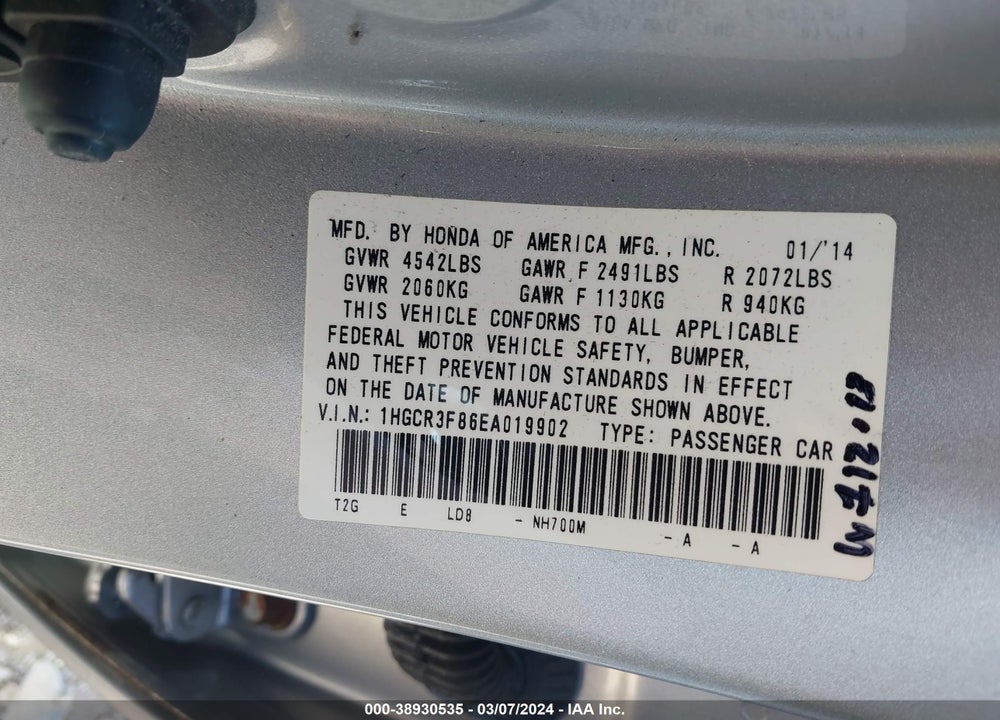 2014 HONDA ACCORD EX-L V-6 VIN: 1HGCR3F86EA019902
