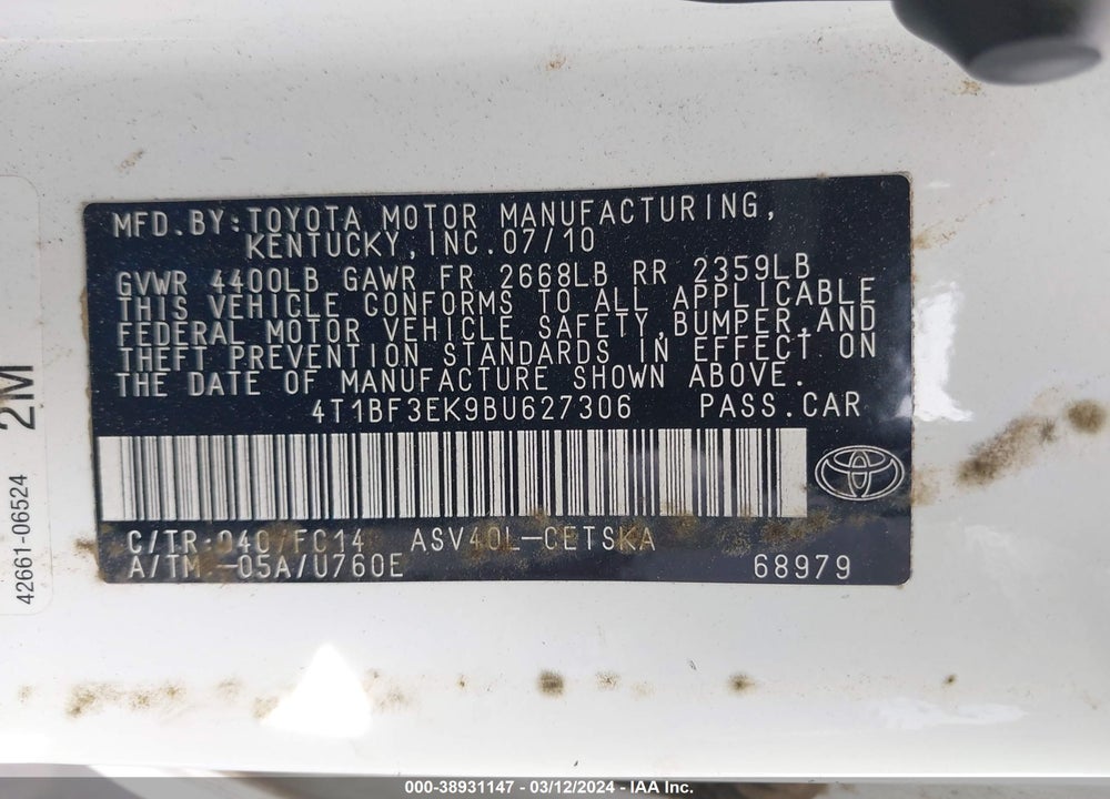 2011 TOYOTA CAMRY SE VIN: 4T1BF3EK9BU627306