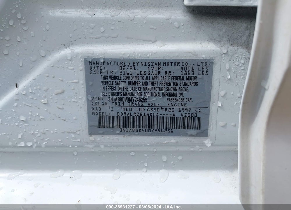2021 NISSAN SENTRA VIN: 3N1AB8DV0MY246256
