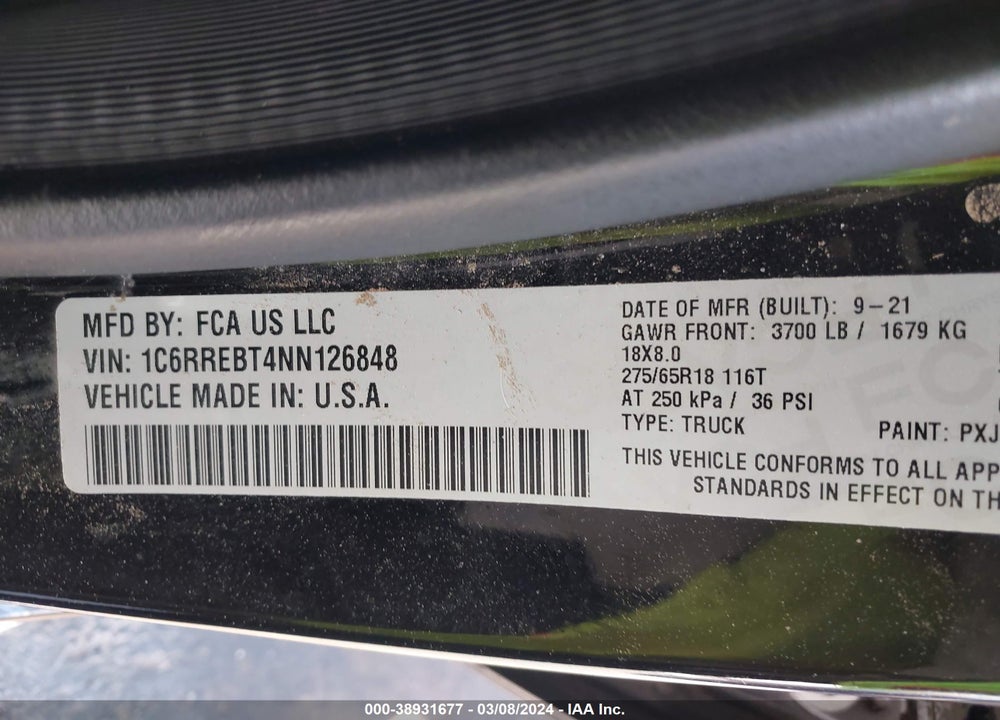 2022 RAM 1500 BIG HORN QUAD CAB 4X2 6'4 BOX VIN: 1C6RREBT4NN126848