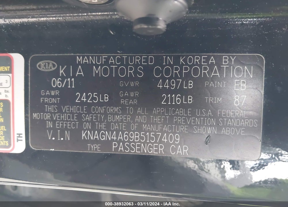 2011 KIA OPTIMA EX TURBO VIN: KNAGN4A69B5157409
