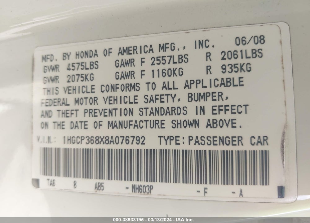 2008 HONDA ACCORD 3.5 EX-L VIN: 1HGCP368X8A076792