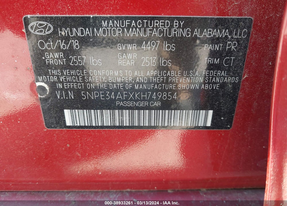 2019 HYUNDAI SONATA SPORT VIN: 5NPE34AFXKH749854