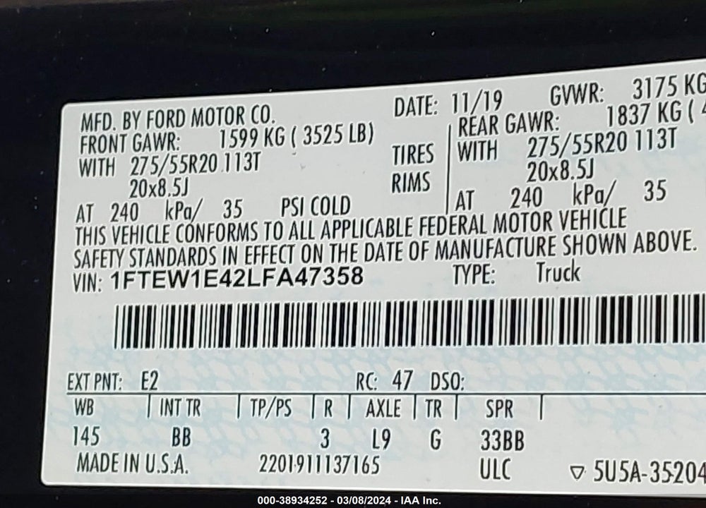 2020 FORD F-150 PLATINUM VIN: 1FTEW1E42LFA47358