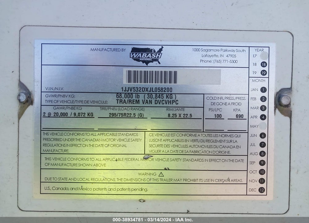 2018 WABASH NATIONAL CORP --- VIN: 1JJV532DXJL058200