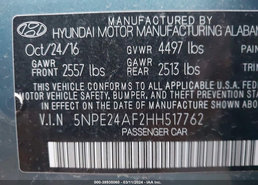2017 HYUNDAI SONATA VIN: 5NPE24AF2HH517762