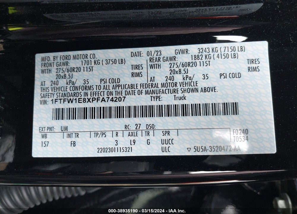 2023 FORD F-150 XLT VIN: 1FTFW1E8XPFA74207