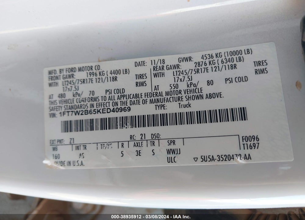 2019 FORD F-250 XL VIN: 1FT7W2B65KED40969